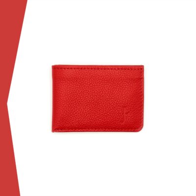 Portefeuille Calypso Lou s'enjaille en cuir rouge, vue de face, le cuir est grainé, la forme est un rectancle plus large que haut